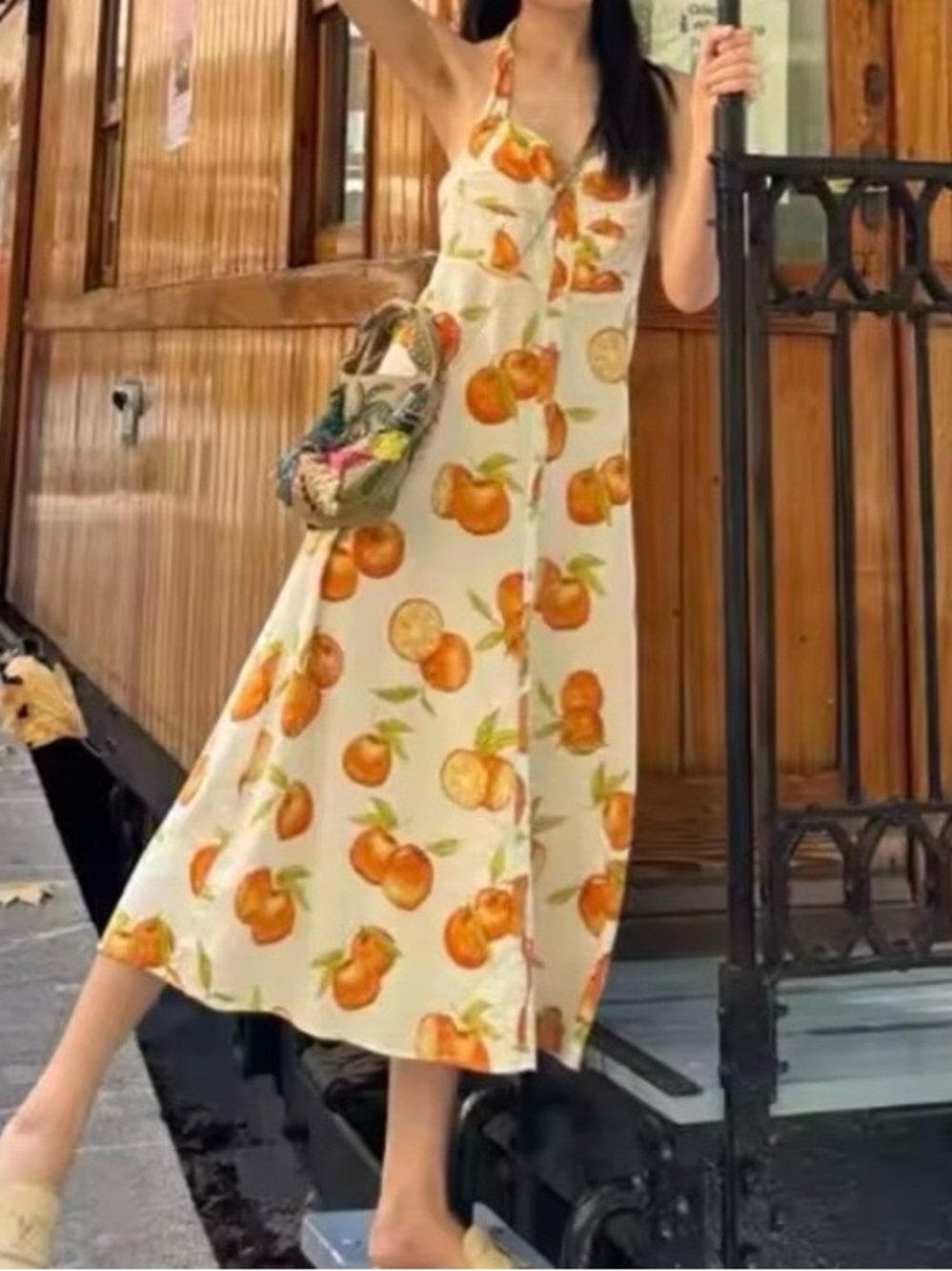 Zara Cream Midi Dress with Orange Fruit Print